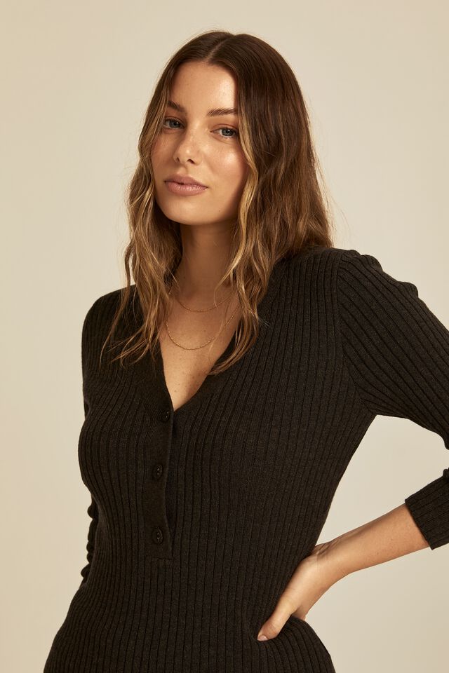 Soft Knit Henley In Recycled Blend Yarn, DARK CHARCOAL