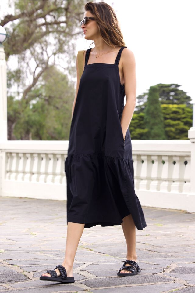 Strappy Tiered Dress In Organic Cotton Poplin, BLACK