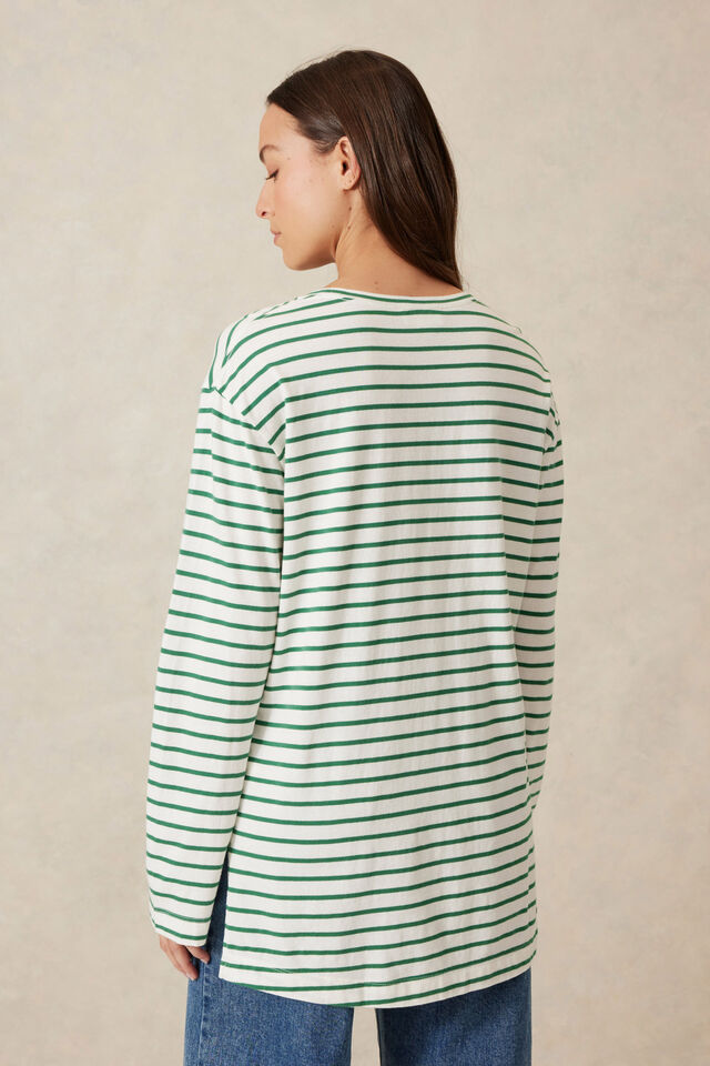 Longline Step Hem L/S Tee, VANILLA/FERN GREEN STRIPE