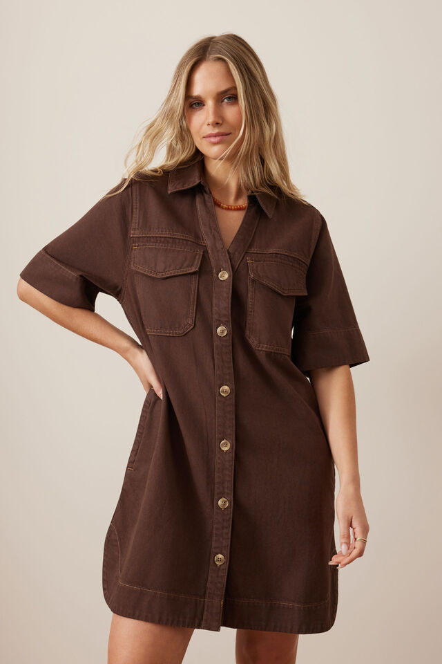 Bonnie Relaxed Shirt Dress, CHOCOLATE