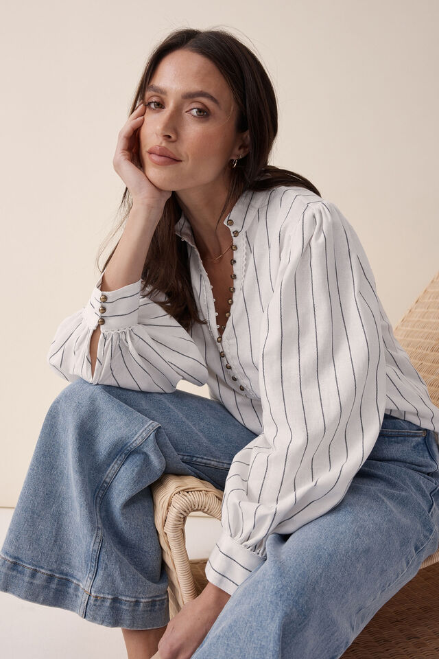 Collared Tunic, ECRU STRIPE IN RESCUED FABRIC