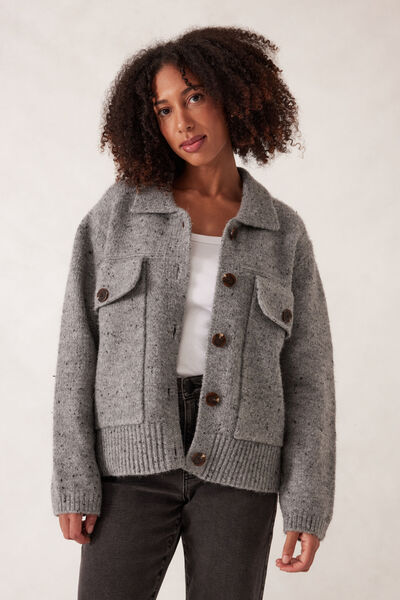 Knit Bomber Cardi, MID GREY NEP