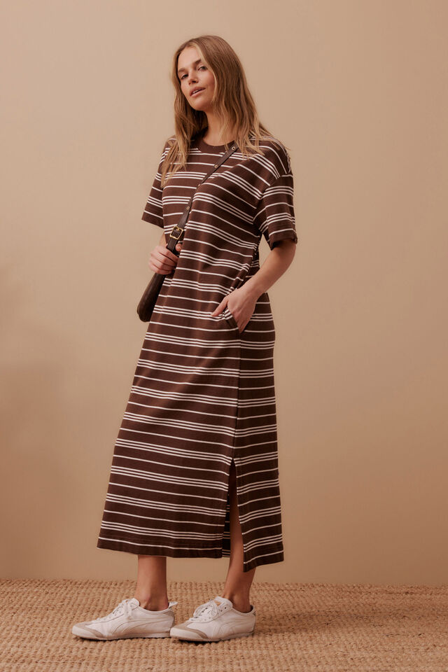 Charlotte Midi Terry Dress, CHOCOLATE WHITE STRIPE