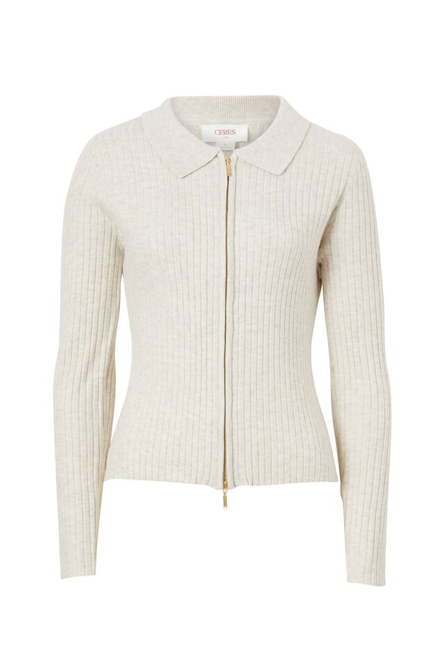 Soft Knit Zip Through Cardigan In Recycled Blend, OATMEAL MARLE
