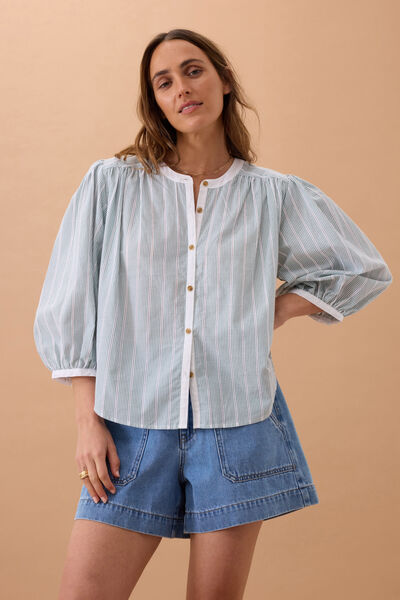 Woven Collarless Top, GREEN LADDER STRIPE