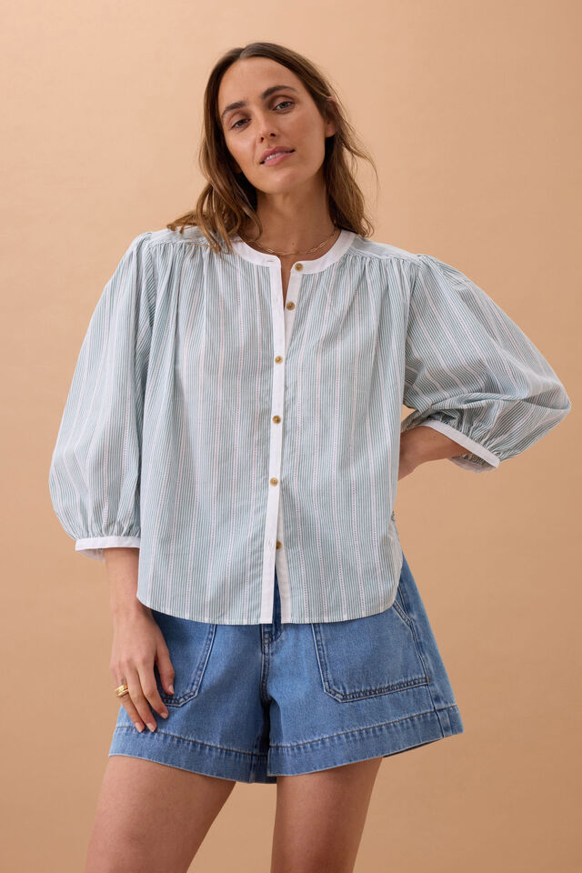 Woven Collarless Top, GREEN LADDER STRIPE