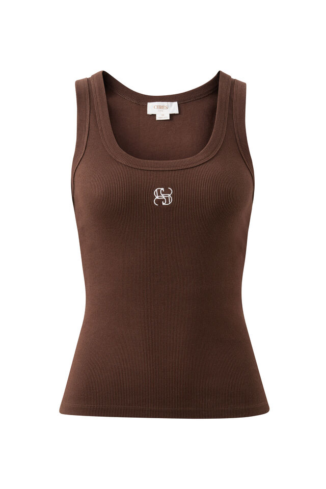 Zoe Contour Rib Scoop Tank, CHOCOLATE/MONOGRAM EMBROIDERY