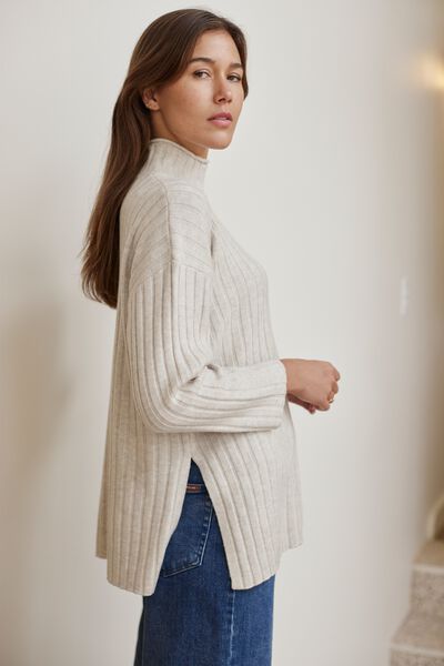 Soft Knit Split Hem Tunic In Recycled Blend, OATMEAL MARLE