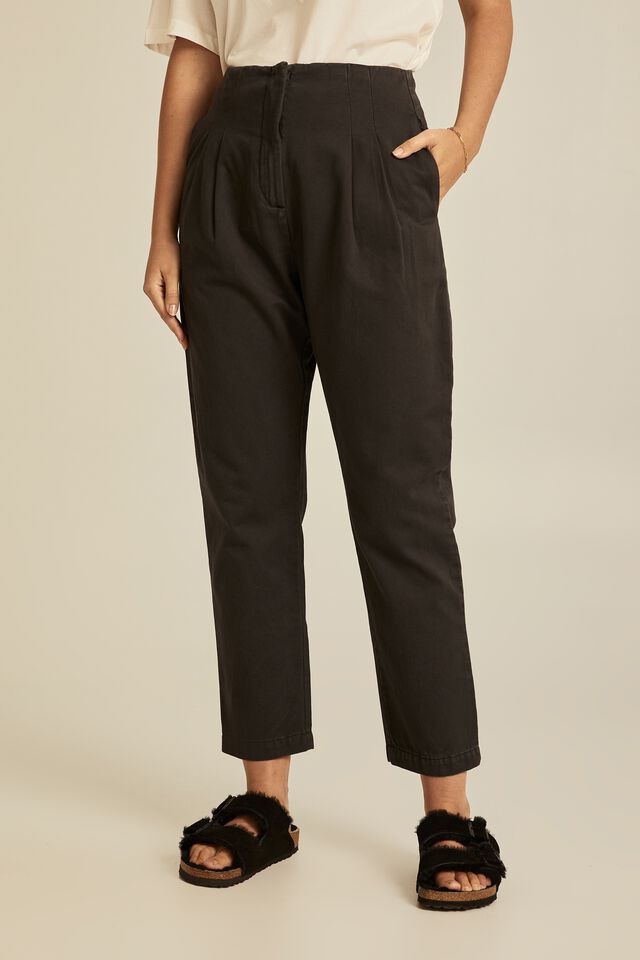 Flat Front Pant With Elastic Waist In Cotton, BLACK