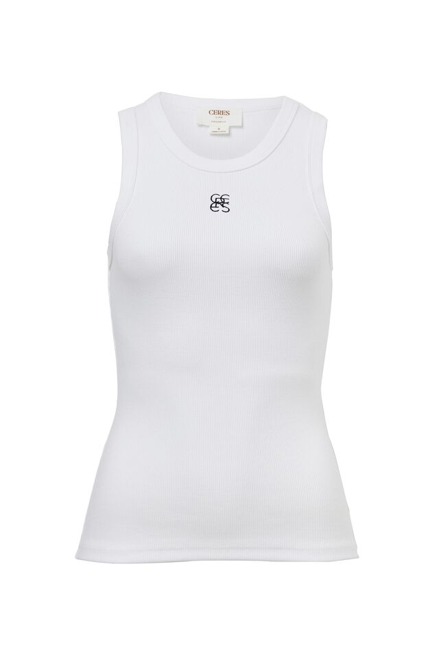 Contour Rib High Neck Tank, WHITE/BLACK EMBROIDERY