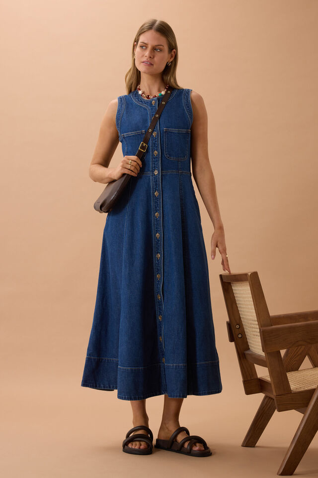 Hazel Sleeveless Midi Shirt Dress, CASPIAN BLUE