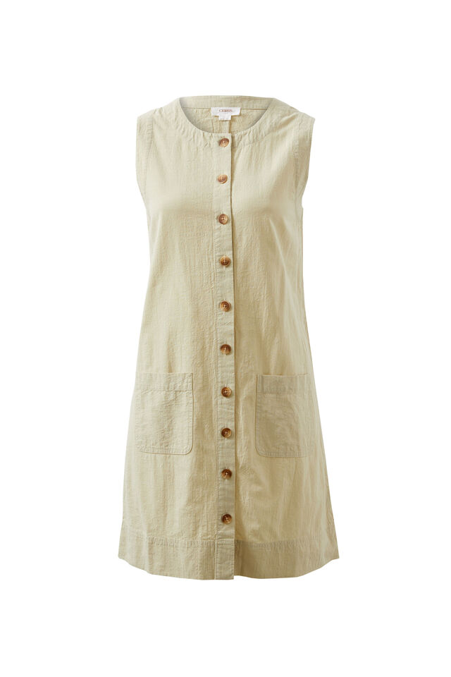 Button Through Mini Shift Dress, MATCHA
