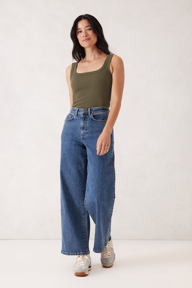 Zaeli Contour Rib Square Neck Tank, SOFT OLIVE