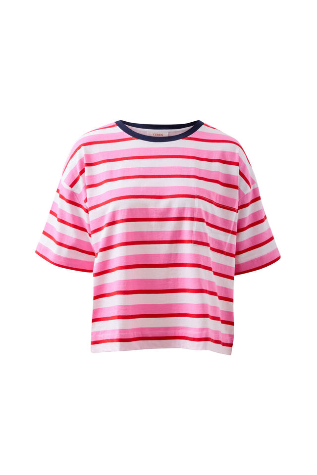 Boa Boxy Pocket Tee, HIBISCUS/HERITAGE RED STRIPE
