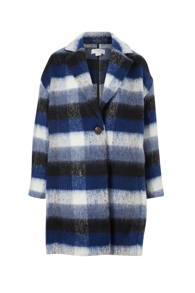 Relaxed Mid Length Coat In Wool Blend, OMBRE CHECK WHITE BLUE
