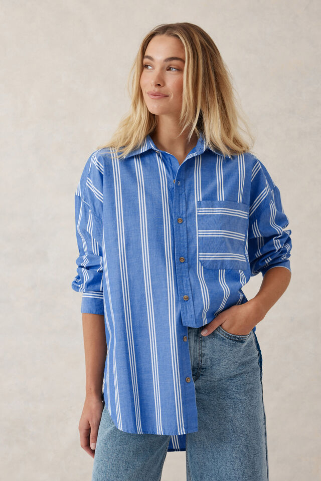 Oversized Poplin Shirt, CLASSIC BLUE TRIPLE STRIPE ORGANIC COTTON