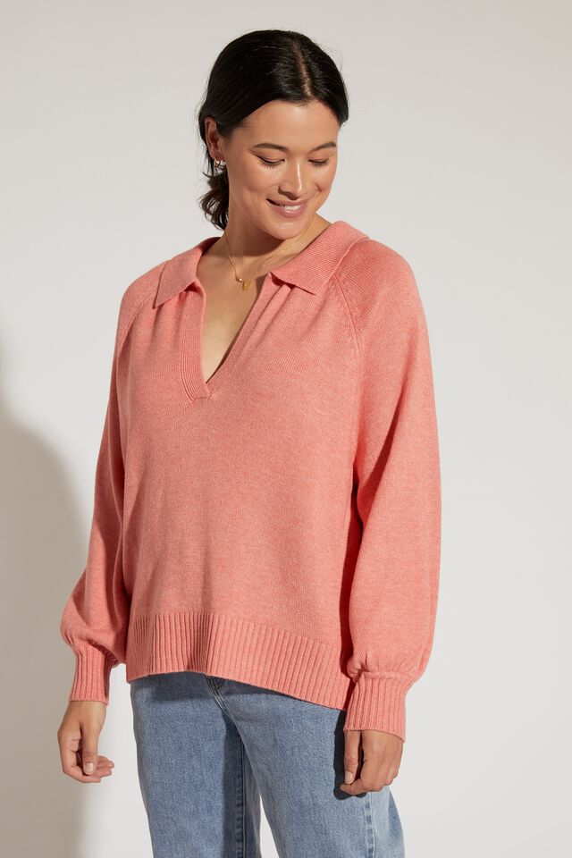 Soft Knit Collared Sweater In Recycled Blend, WINTER CORAL MARLE