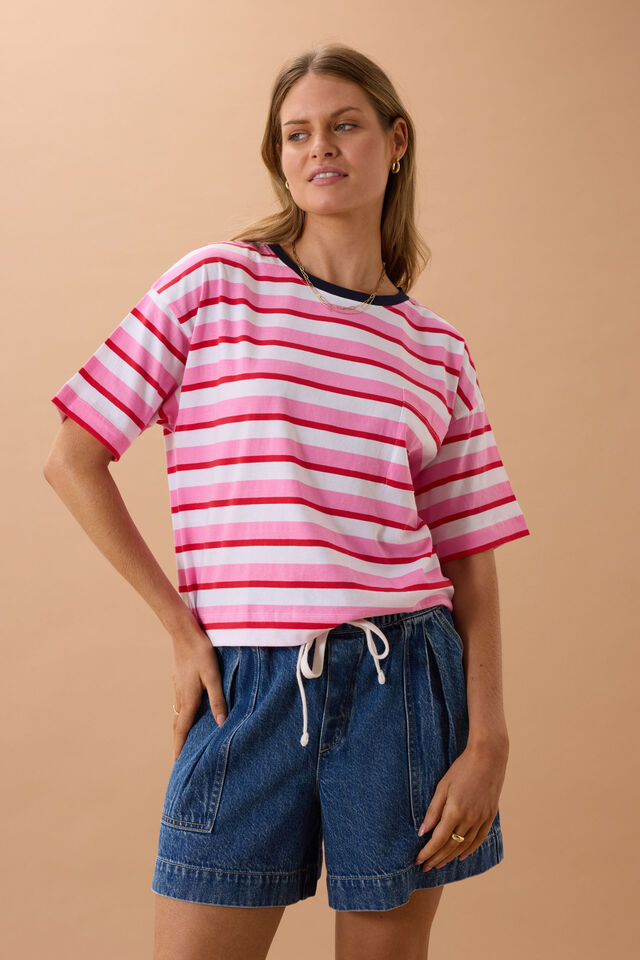 Boa Boxy Pocket Tee, HIBISCUS/HERITAGE RED STRIPE