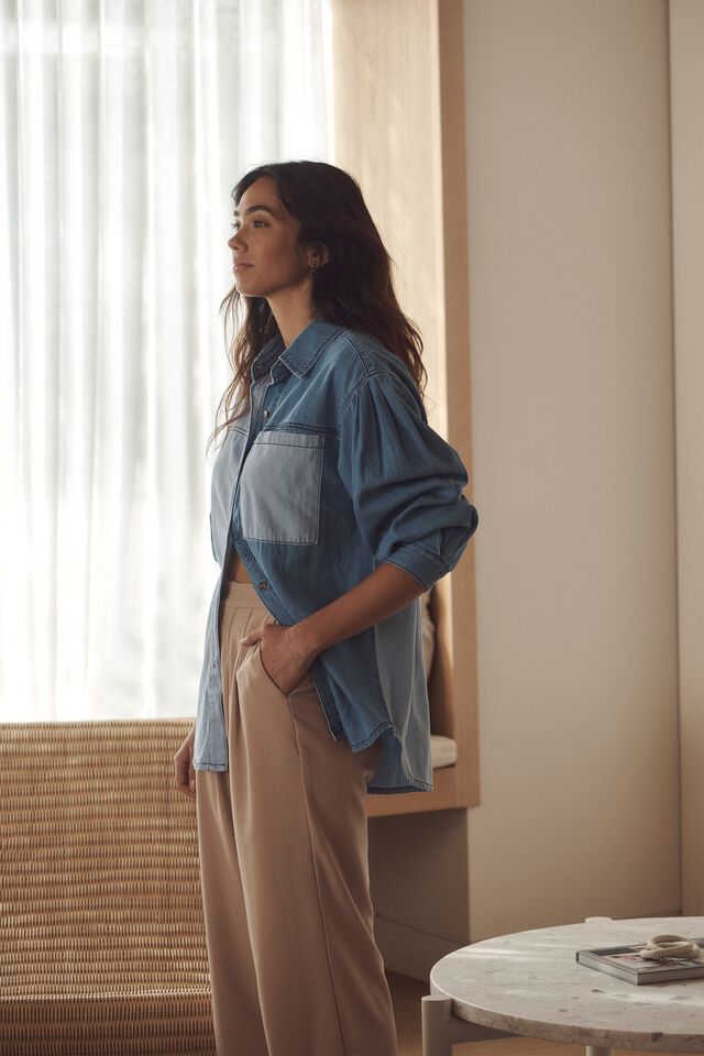 Long Sleeve Denim Shirt, INDIGO MULTI