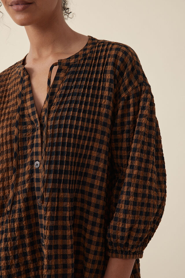 Pintuck Check Mini Dress, NUTMEG/BLACK CHECK