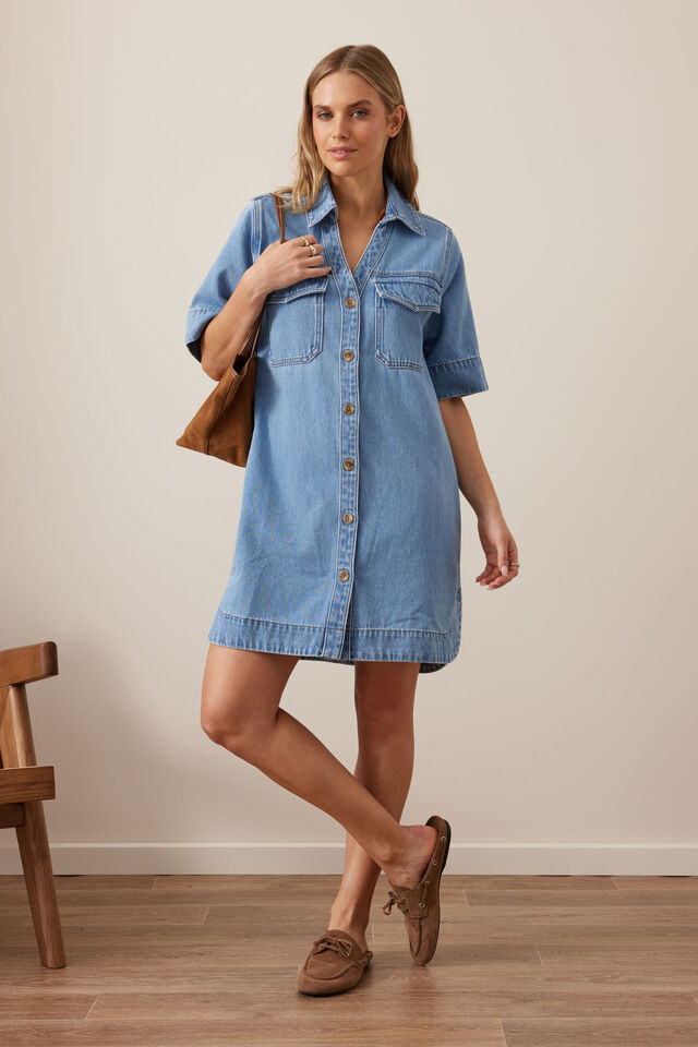 Bonnie Relaxed Shirt Dress, VINTAGE BLUE