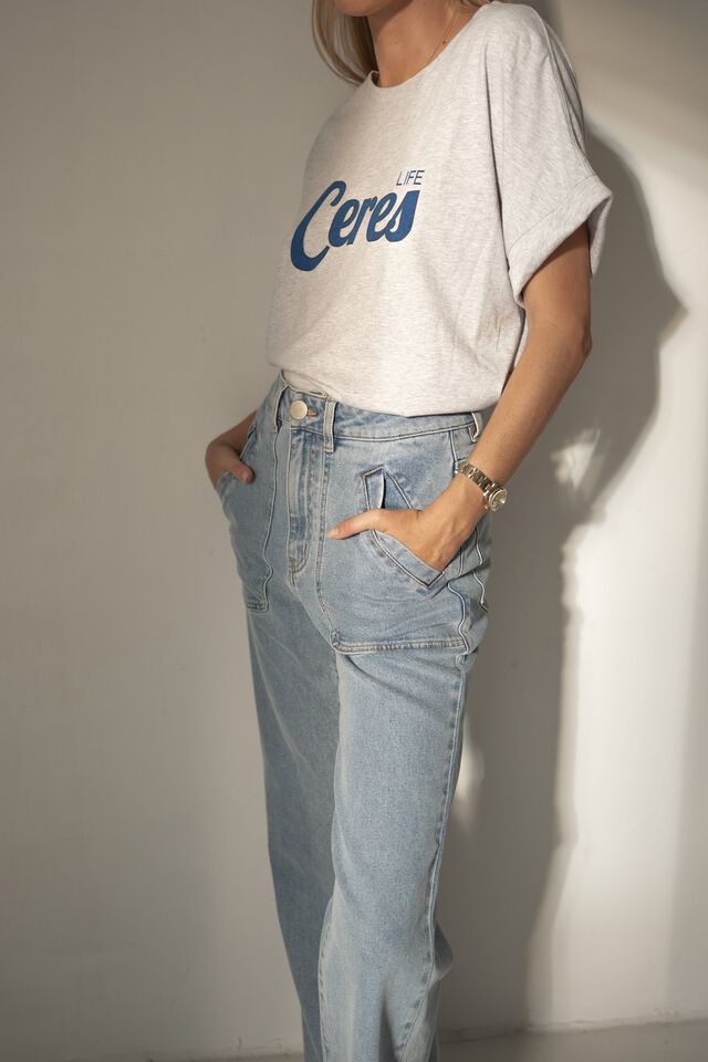 Roll Cuff Tee In Australian Cotton, CLOUD MARLE/COBALT CERES