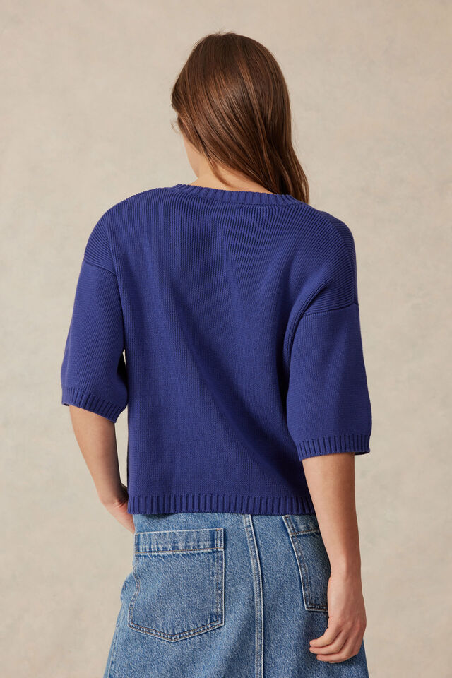 Boxy Short Sleeve Knit Cardi, COLLEGE BLUE