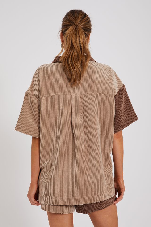 Colourblock Shirt In Rescued Cord, CAMEL COFFEE