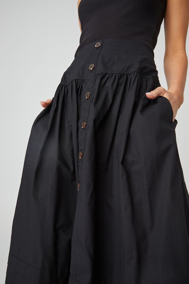 Pleated Midi Skirt In Rescue Cotton, BLACK