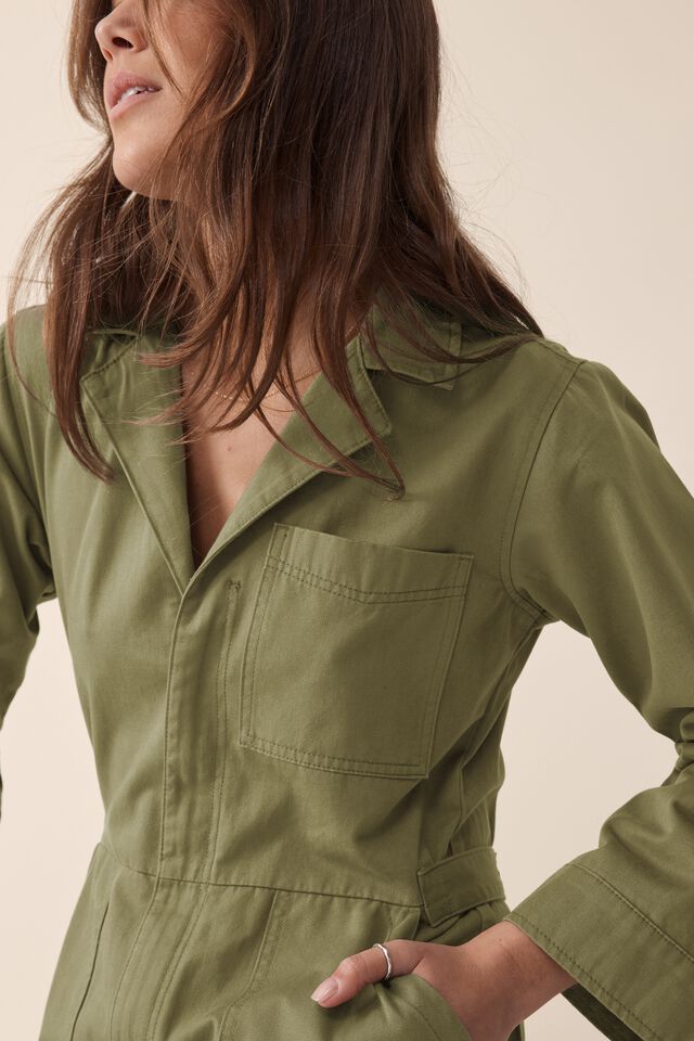 Relaxed Zip Jumpsuit, SOFT OLIVE RESCUED FABRIC