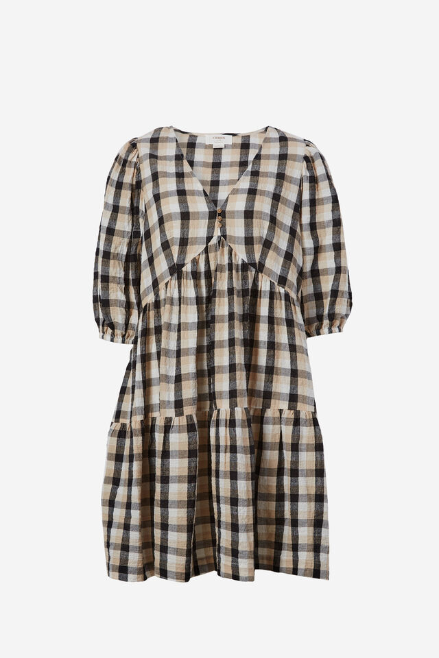 Check Smock Dress In Textured Organic Cotton, BLACK CAMEL CHECK