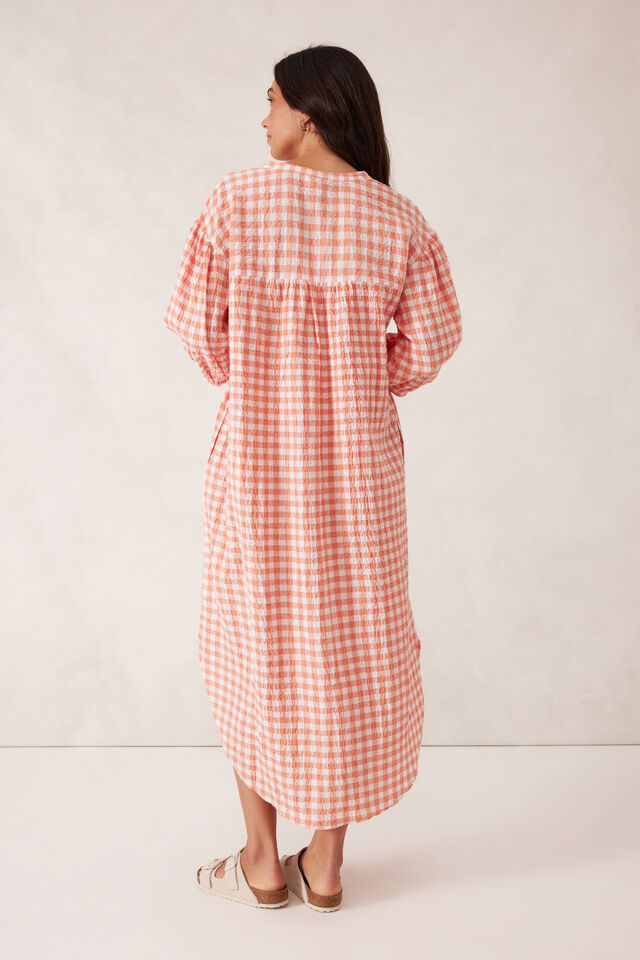 Crinkle Midi Dress, CORAL WHITE GINGHAM