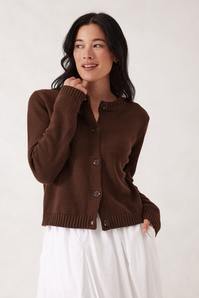 Nelly Long Sleeve Knit Cardi, CHOCOLATE