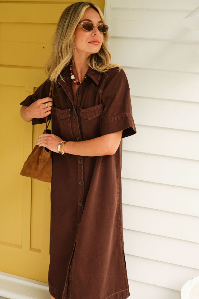 Ava Short Sleeve Midi Dress, CHOCOLATE