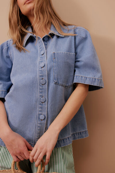 Dylan Pleat Sleeve Denim Shirt, VINTAGE BLUE