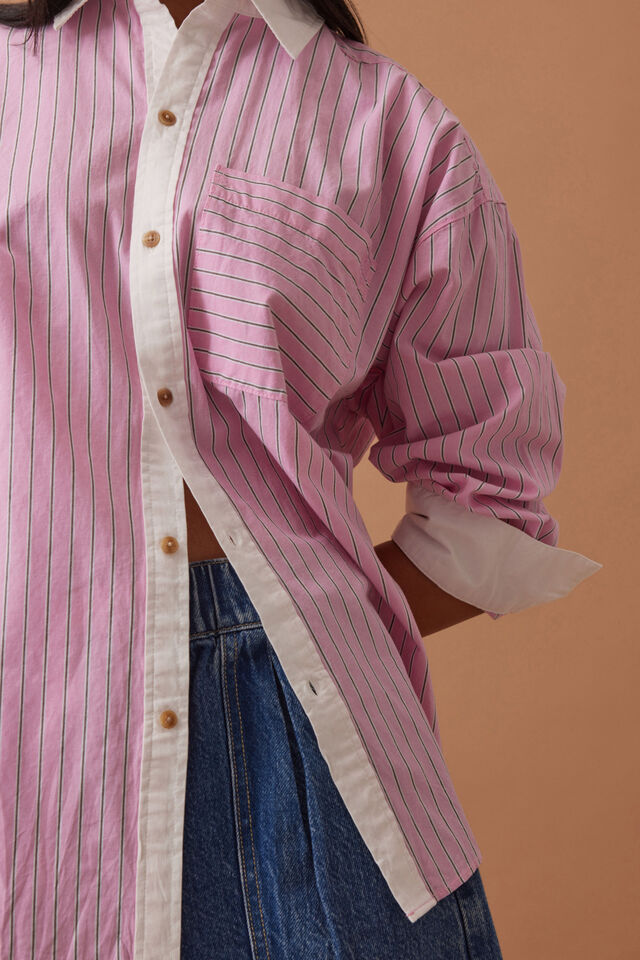Peta Oversized Shirt, HIBISCUS PINK TRIPLE STRIPE WHITE COLLAR