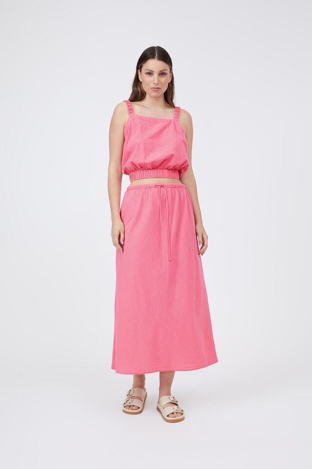 Bias Midi Skirt In Organic Cotton Linen Blend, SUNSET PINK