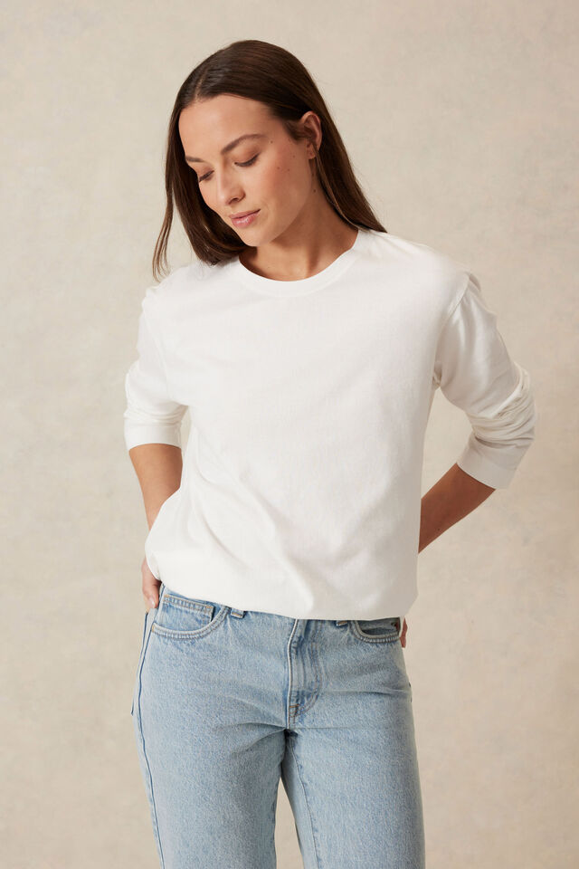 Longline Step Hem L/S Tee, VANILLA