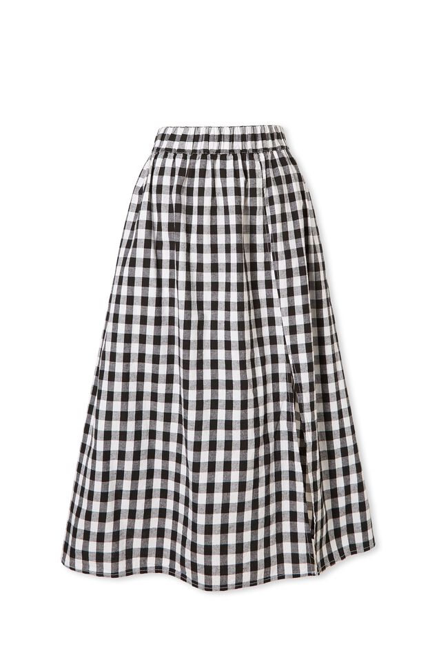 Midi Skirt In Cotton Linen Blend, BLACK WHITE GINGHAM