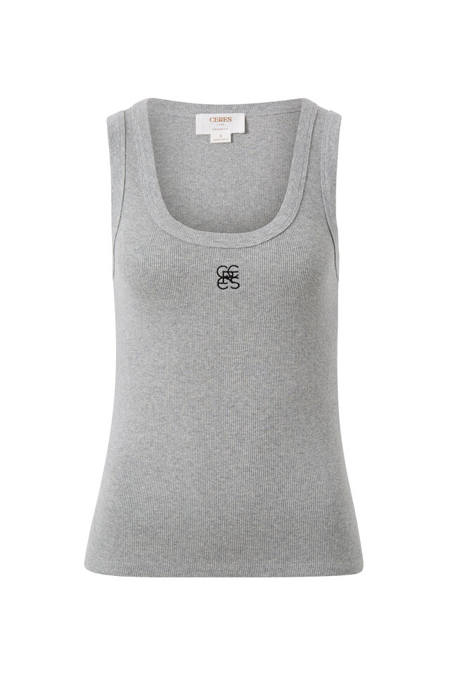 Contour Rib Scoop Tank, GREY MARLE/ BLACK EMBROIDERY