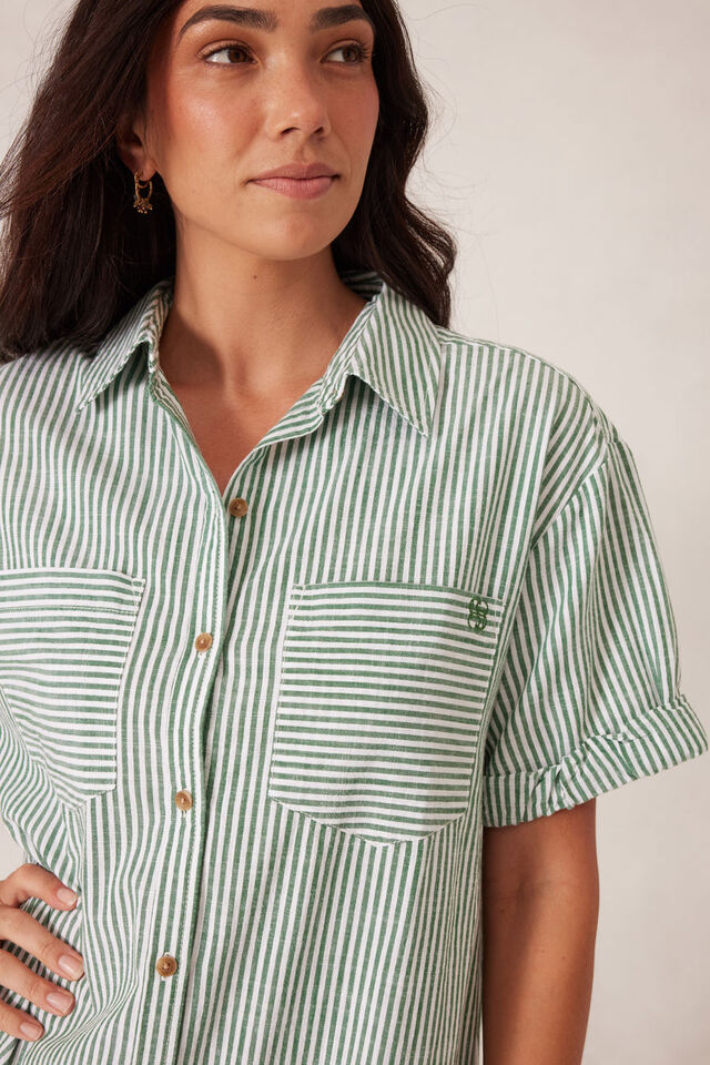 Rolled Cuff Midi Shirt Dress, WINTER GREEN BRIGHT WHITE STRIPE
