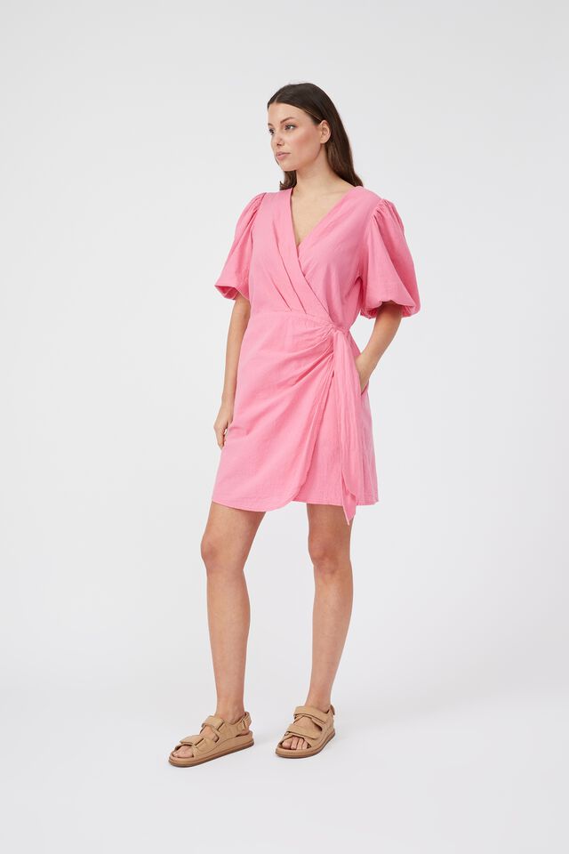 Wrap Mini Dress In Cotton Linen Blend, SUNSET PINK