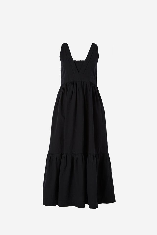 V Neck Strappy Midi Dress In Cotton Linen Blend, BLACK