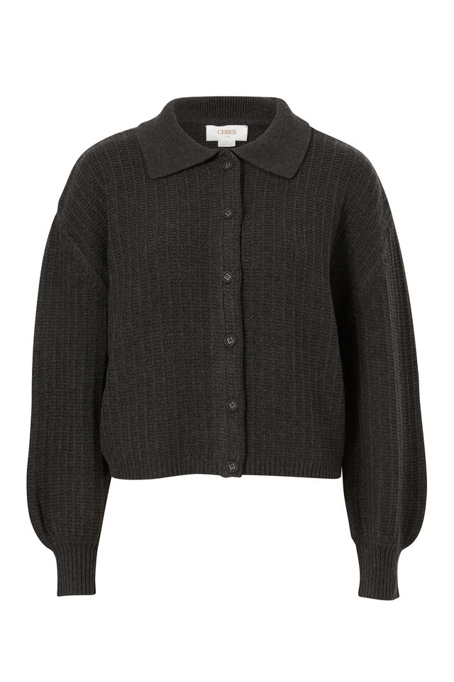 Soft Cropped Collared Cardigan In Recycled Blend, CHARCOAL MARLE