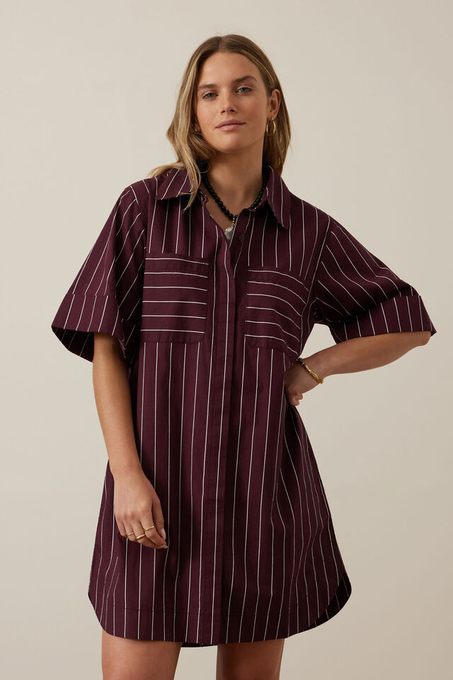 Sara Mini Shirt Dress, WINE PINSTRIPE