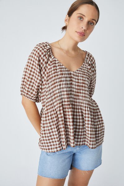 Shirred Smock Top In Organic Cotton Gingham, WHITE AND BISON GINGHAM CHECK