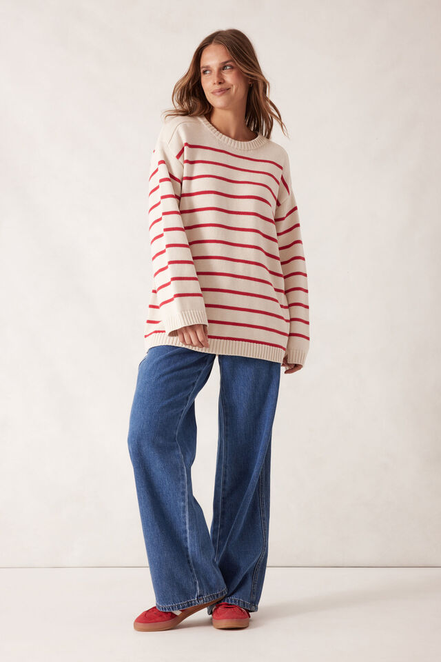 Relaxed Crew Tunic, ECRU/HERITAGE RED STRIPE