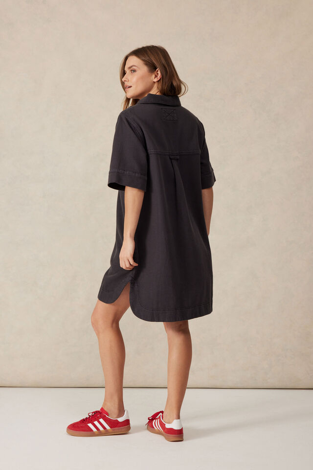 Relaxed Shirt Dress, WASHED BLACK TWILL