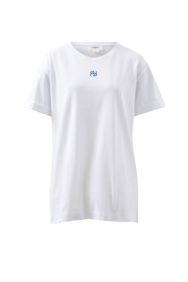 Lola Longline Step Hem Tee, WHITE/AZURE BLUE MONOGRAM EMBROIDER