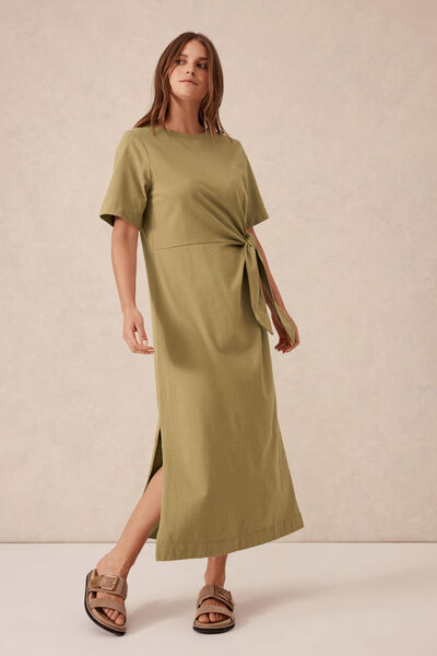 Tie Midi Tee Dress, FIG GREEN